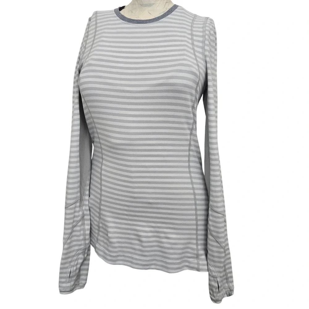 Lululemon Womens 6 Long‎ Sleeve Running Top Gray Stripe Thumbholes Tech Athletic